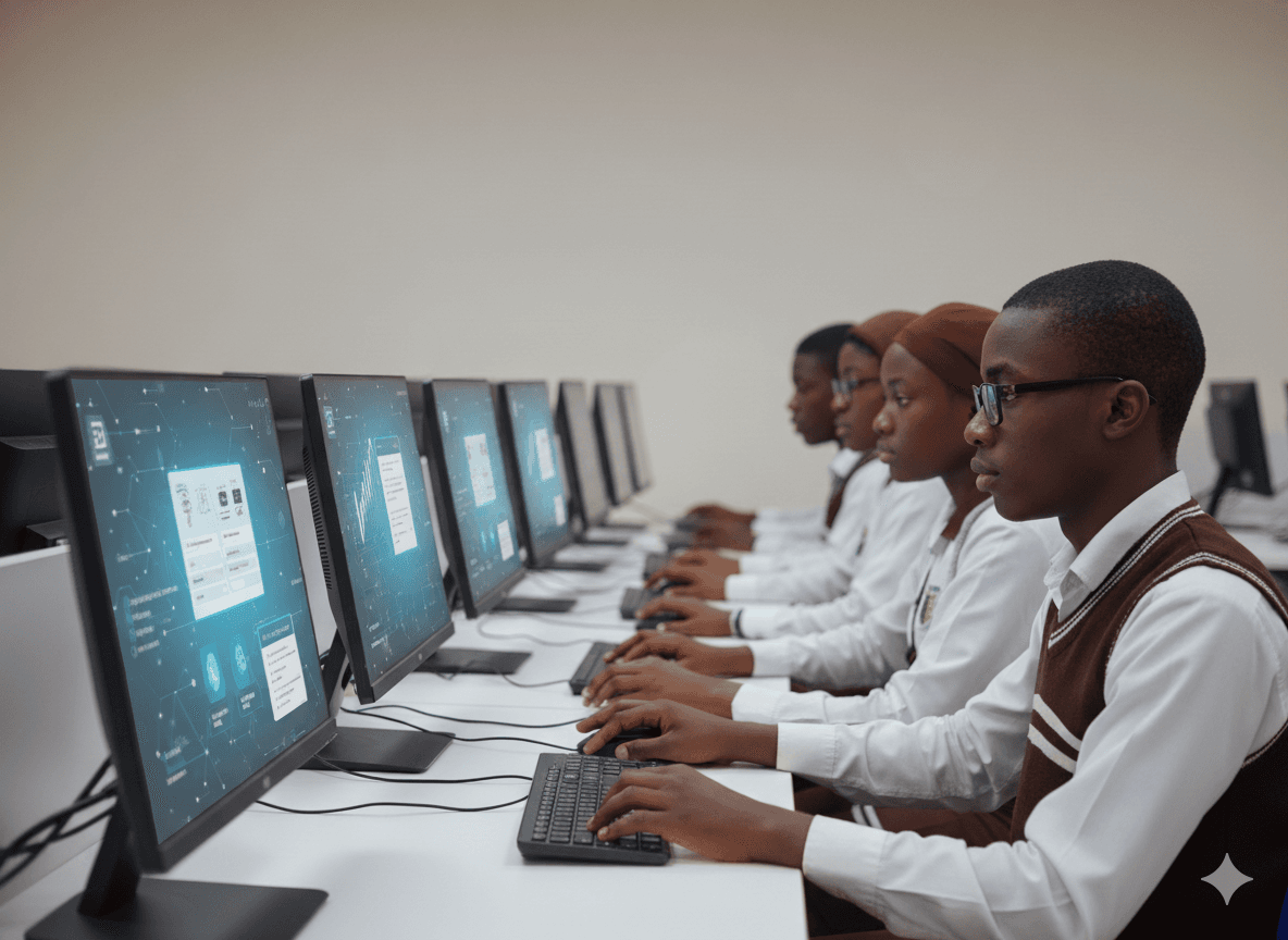 ICT lab with computers and students learning